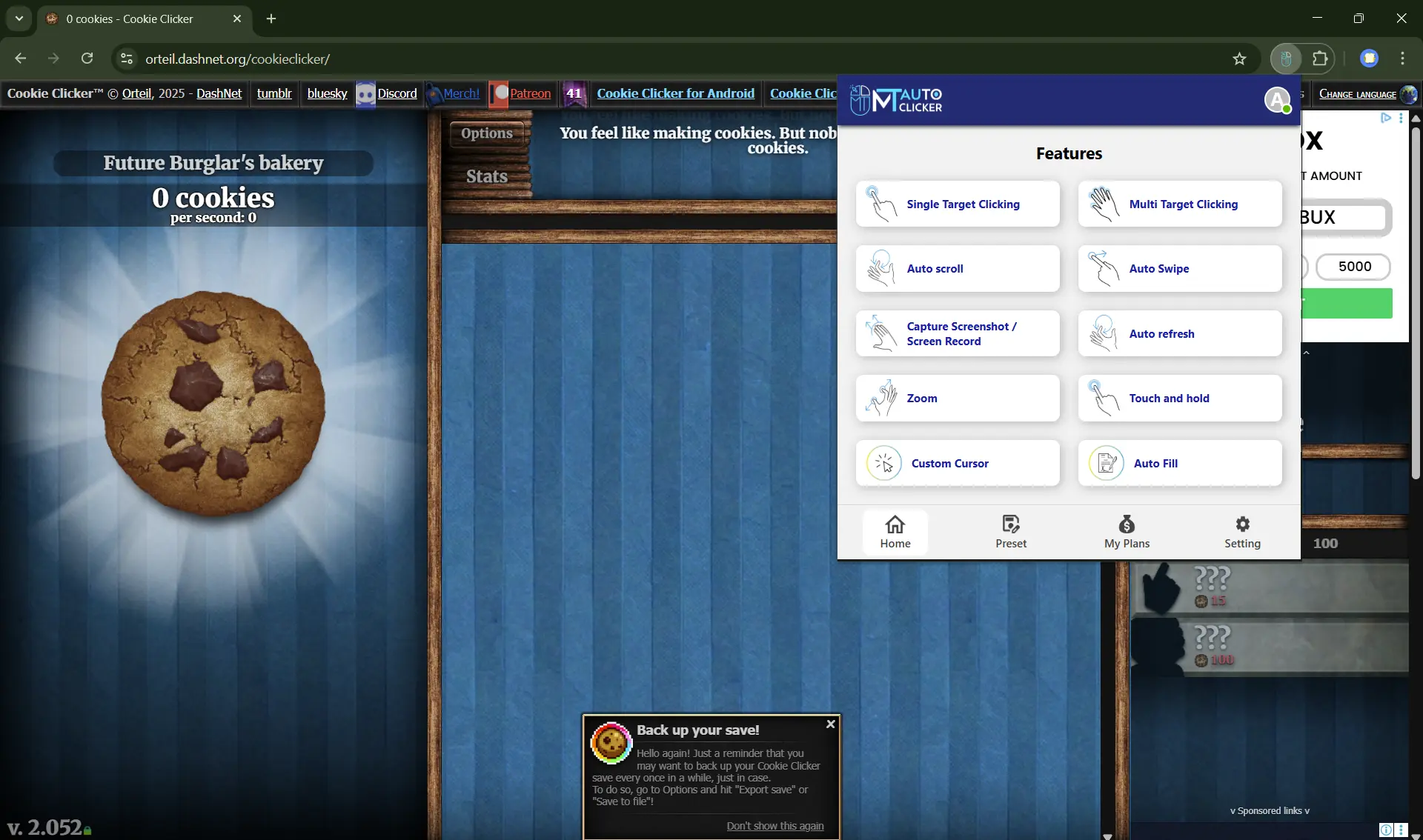 Open Cookie Clicker and MT Auto Clicker