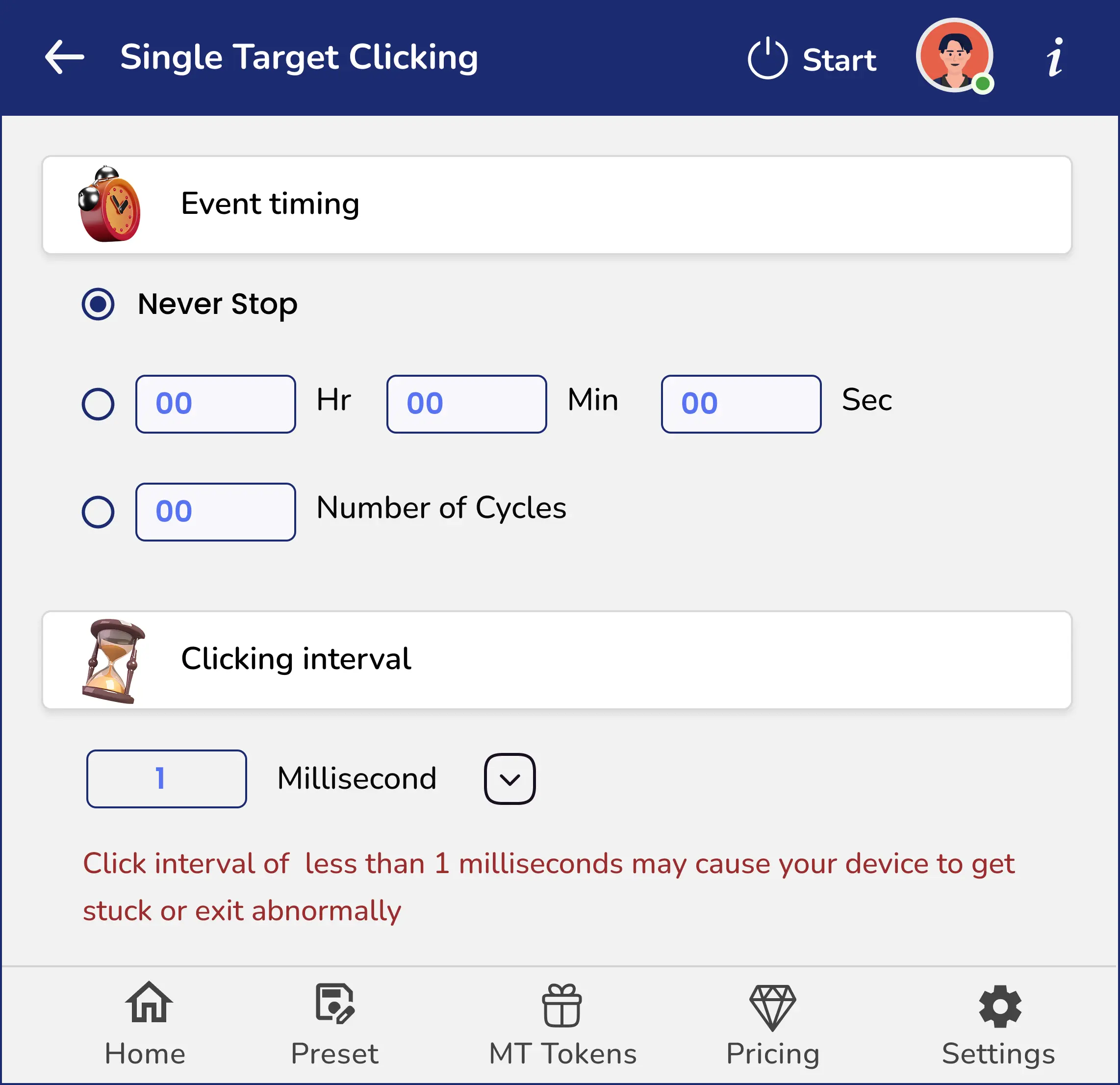 Configure Event Timing & Clicking Interval